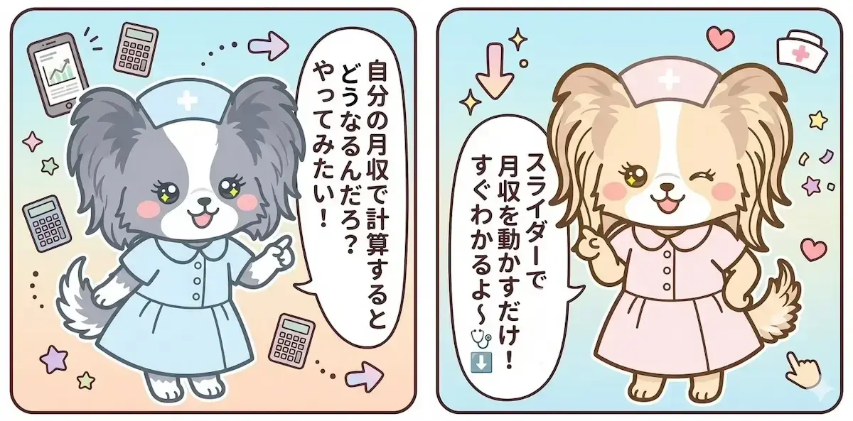パピナース漫画・自分の月収で計算するとどうなるのか、シミュレーターで計算してみようシーン