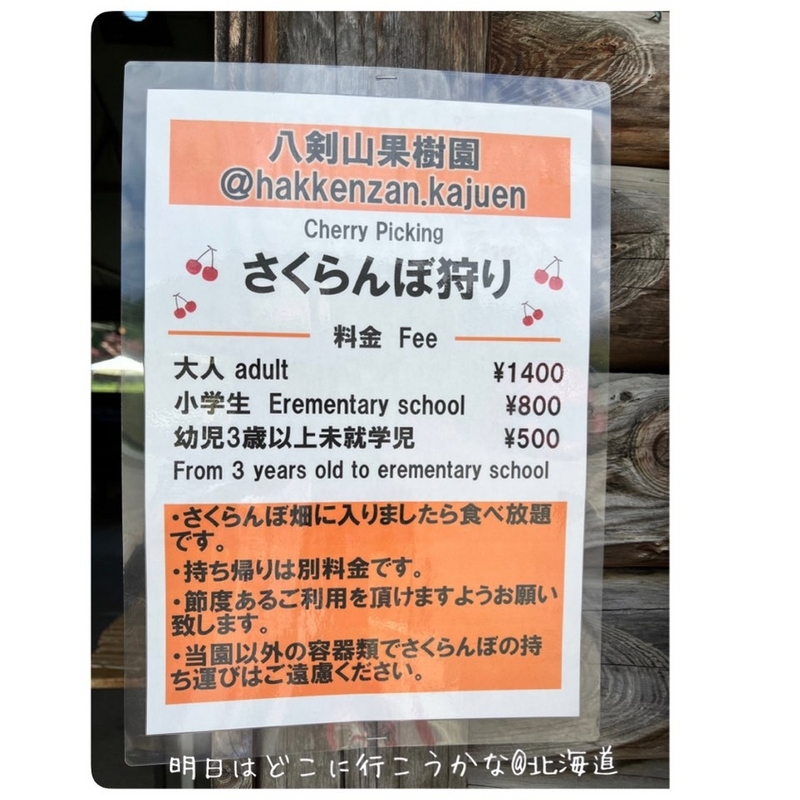 さくらんぼ狩り　価格表