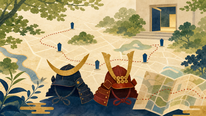史跡地図と二つの兜を描いた戦国武将史跡めぐりのイラスト