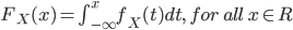 {
F_X(x) = \int_{-\infty}^x f_X (t) dt , \ for \ all \ x \in R
}