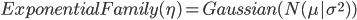 {ExponentialFamily(\eta) = Gaussian (N(\mu|\sigma^2) )}