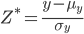 {Z^* = \frac{y - \mu_y}{\sigma_y}}