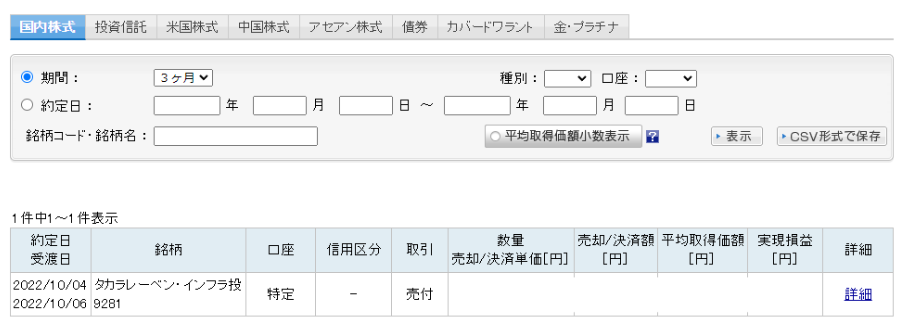 楽天証券の口座での最近3カ月の取引