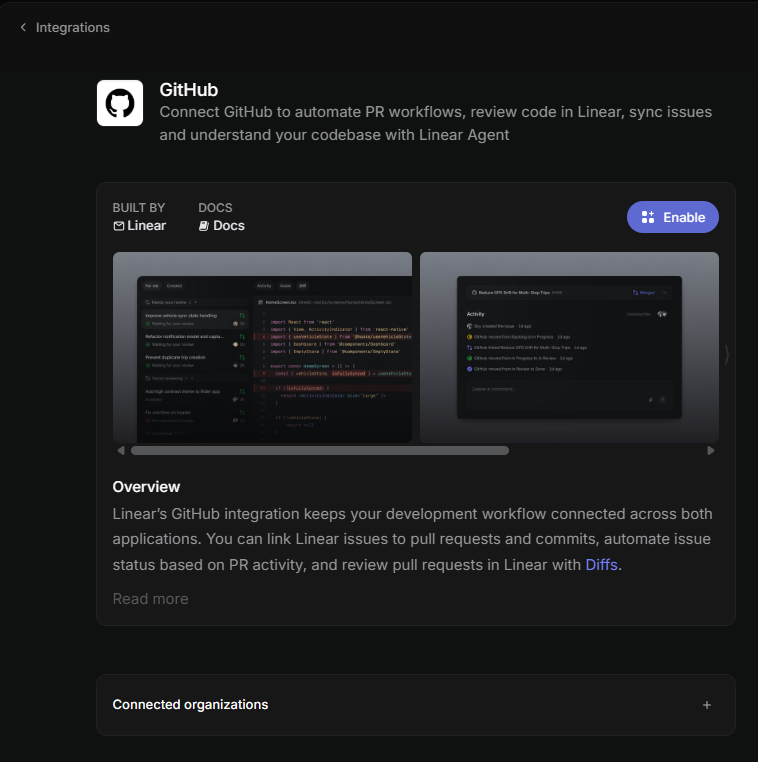 GitHub統合のEnable画面