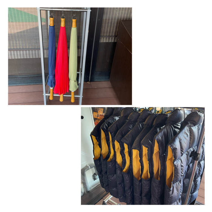 万葉の湯町田で貸し出している日傘とダウンベスト