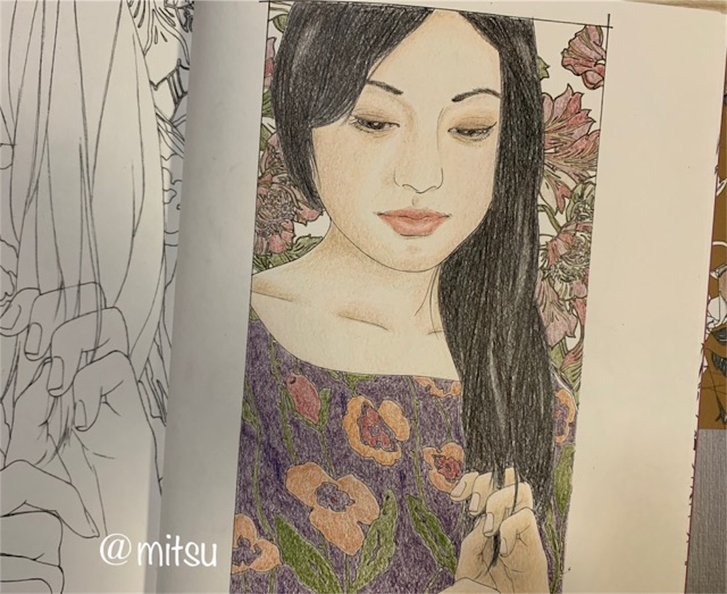 美人画ぬりえより「手櫛・樹子」