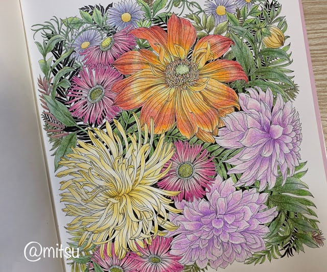 ダリアとデイジーの花束「世界一美しい花のぬりえ」より