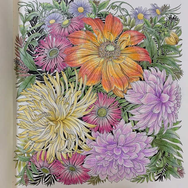 ダリアとデイジーの花束「世界一美しい花のぬりえ」より