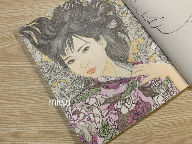 ねり消しを使った髪の毛の塗り方「花迷彩・穂波」美人画ぬりえ