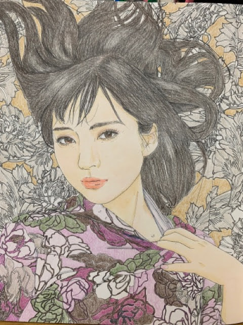 ねり消しを使った髪の毛の塗り方「花迷彩・穂波」美人画ぬりえ