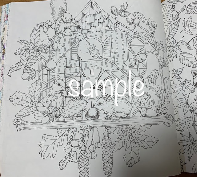 鳩時計の塗り絵 森が奏でるラプソディー リスにどんぐり てがきーの