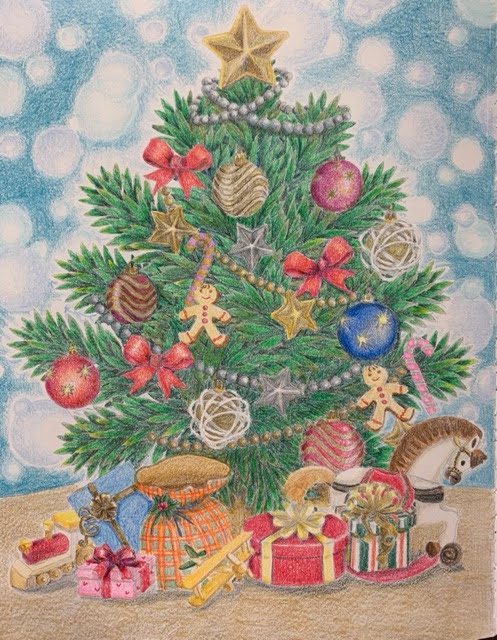 クリスマスツリーの塗り絵 背景を雪の風景のイメージで描いてみた てがきーの