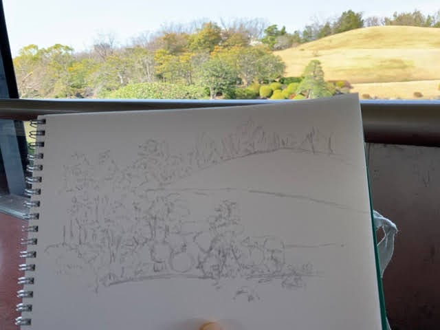 万博記念公園の日本庭園の休憩所でスケッチ