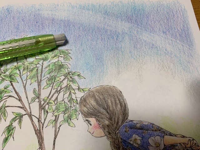 エポルの森の少女「小さな夏の庭」無印色鉛筆で塗って虹も描いてみた