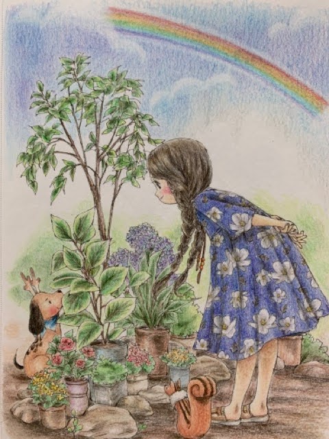 エポルの森の少女「小さな夏の庭」無印色鉛筆で塗って虹も描いてみた