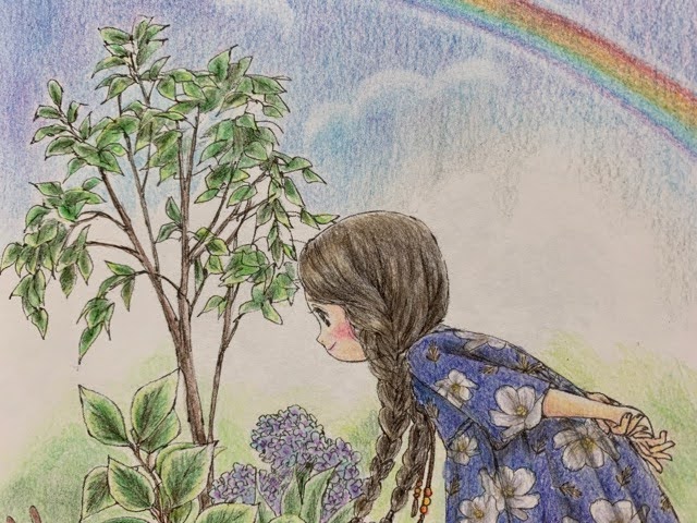 エポルの森の少女「小さな夏の庭」無印色鉛筆で塗って虹も描いてみた