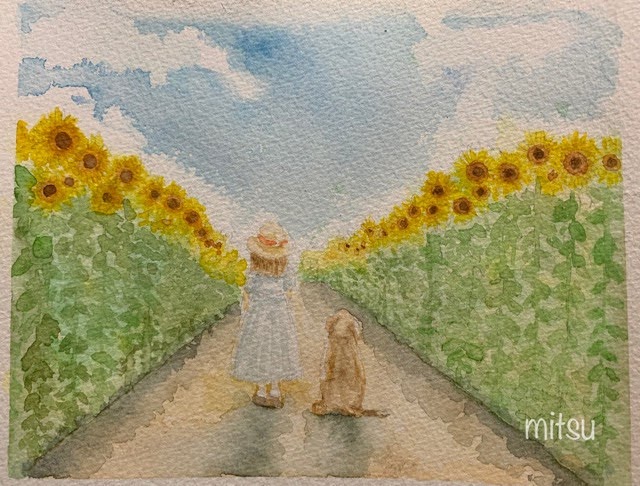 村の風景 水彩画 金色フレーム
