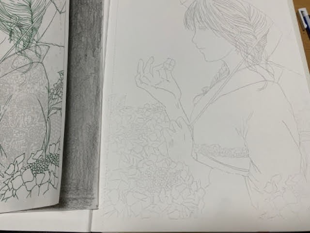 快適アートさんの 紫陽花とレース着物の女の子 を色鉛筆で塗ってみた てがきーの