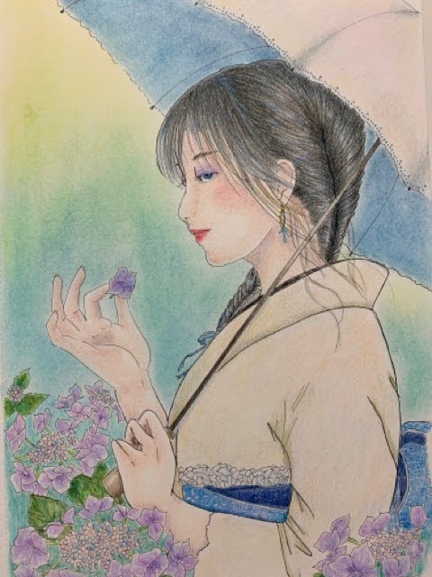 快適アートさんの「紫陽花とレース着物の女の子」を色鉛筆で塗ってみた