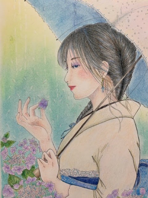 女性の肖像 鉛筆画 着物 A4サイズ 快適アートさんの「紫陽花とレース着物の女の子」を色鉛筆で塗ってみた