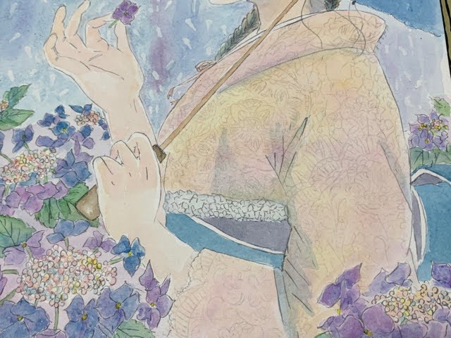 水彩で塗ってみたステキな線画「紫陽花とレース着物の女の子」F4サイズ
