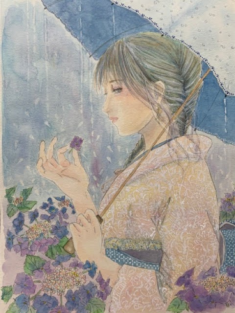 水彩で塗ってみたステキな線画「紫陽花とレース着物の女の子」F4サイズ