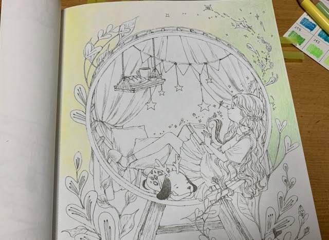 ぬりえ♪ 2020-29 ダイソー塗り絵 love paradise エポルの塗り絵「季節はめぐる」ホルベインのパステルカラー群で塗ってみた - てがきーの