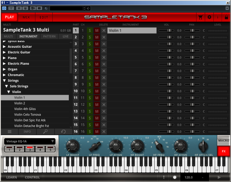 SamplTank 3のViolin 1にEQでローカット