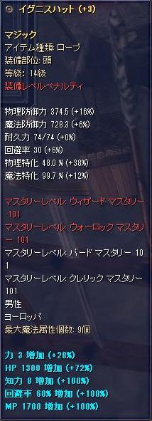 14級マジック ローブ頭 +3 Lv119でのペナルティ