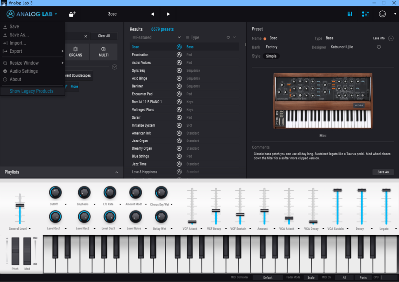 Analog Lab 3のメニューに「Show Legacy Products」
