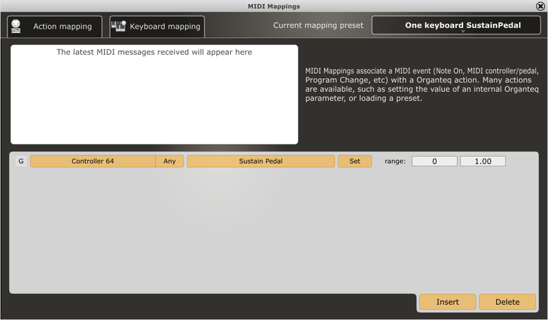 Organteq Trial 1.0.0 「mapping preset」でSustainPedalを設定して保存