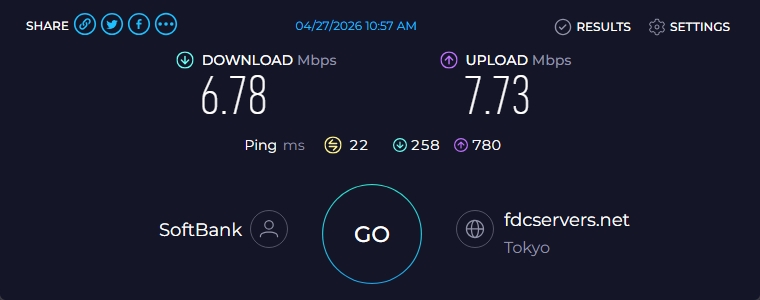 本日のSoftBank Air SPEEDTEST