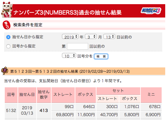 ナンバーズ3当選結果20190313