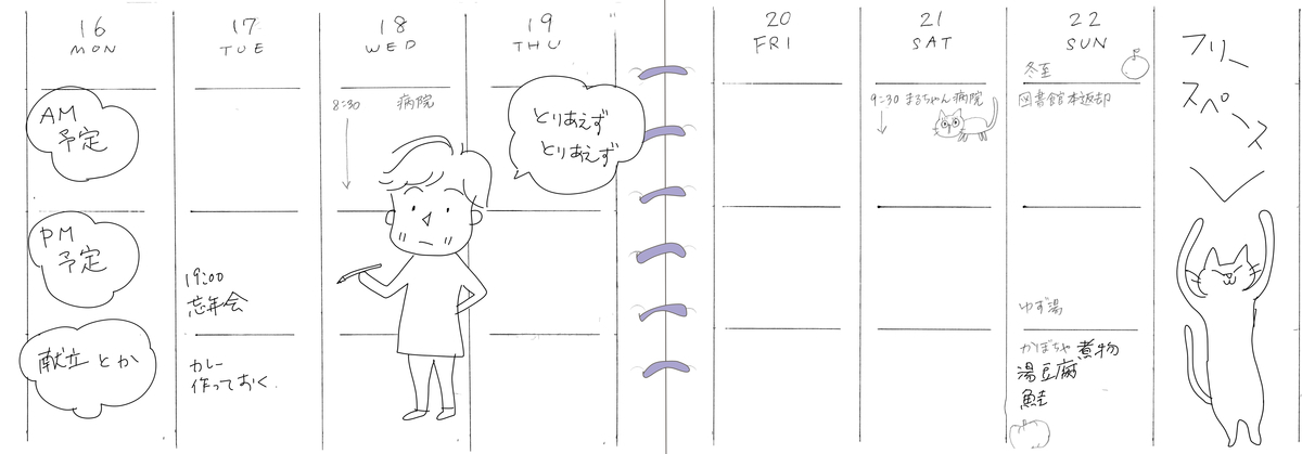 手帳のウィークリーのページ「とりあえずとりあえず」と言って、猫がフリースペースでのびのびしてる絵