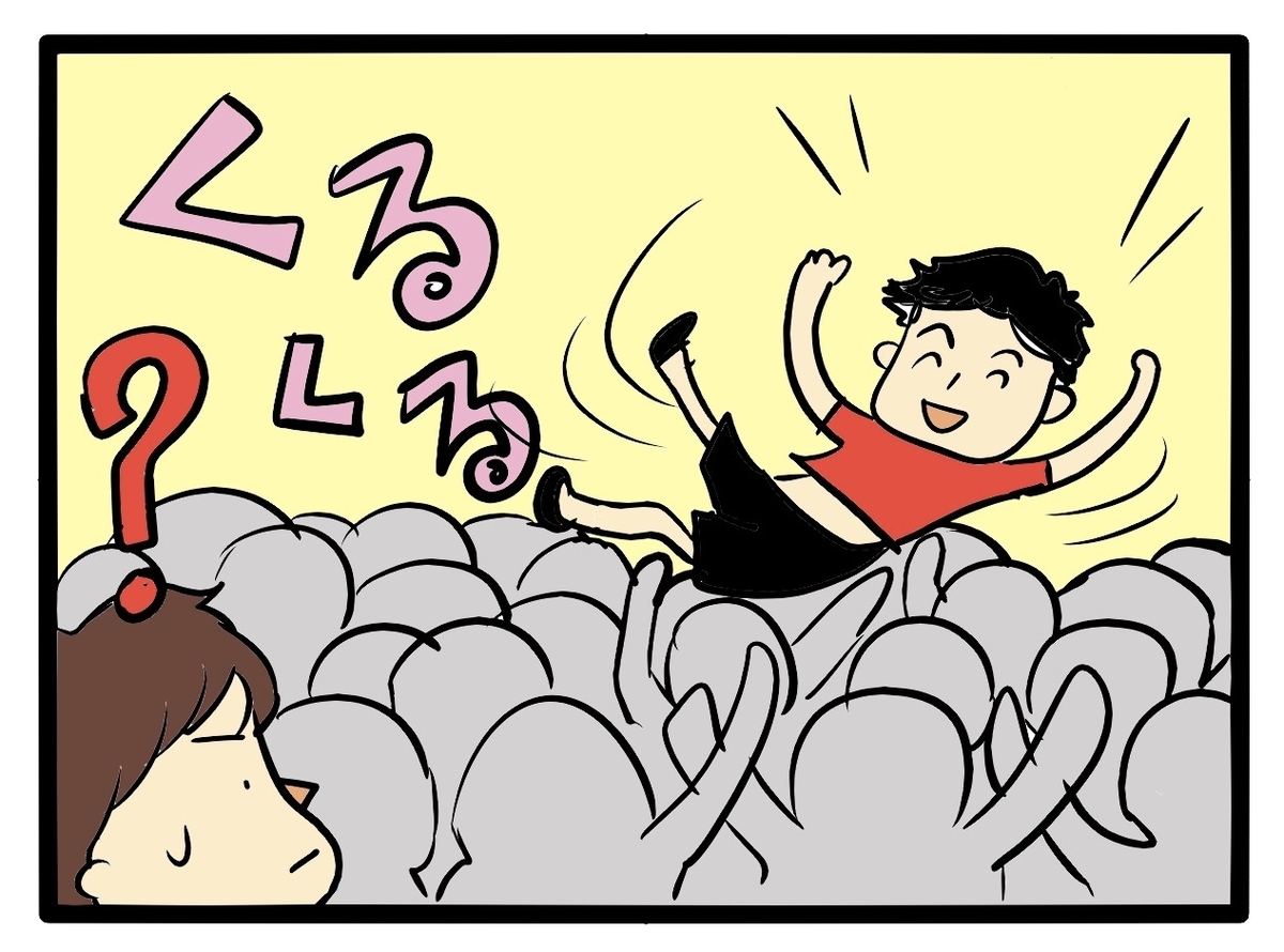会場のお客さんの頭上でグルグル回るお客さんを見て、出演者ではないのにナゼ?とクエッションマークを浮かべる人の絵