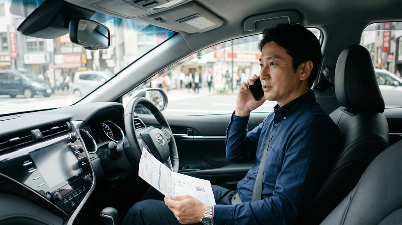 車内から保険会社に電話連絡する男性