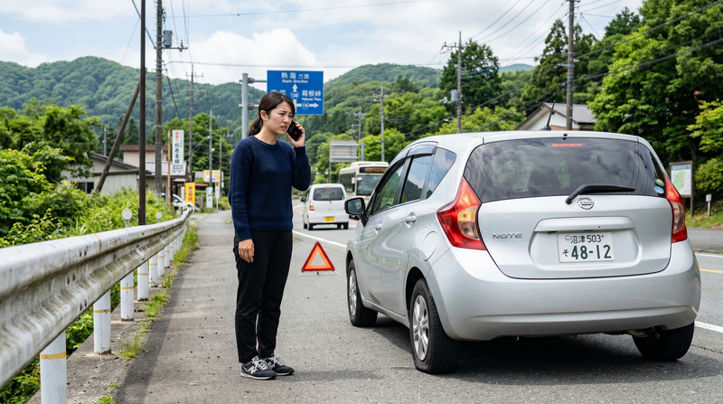 パンクした車の横でロードサービスに電話する女性