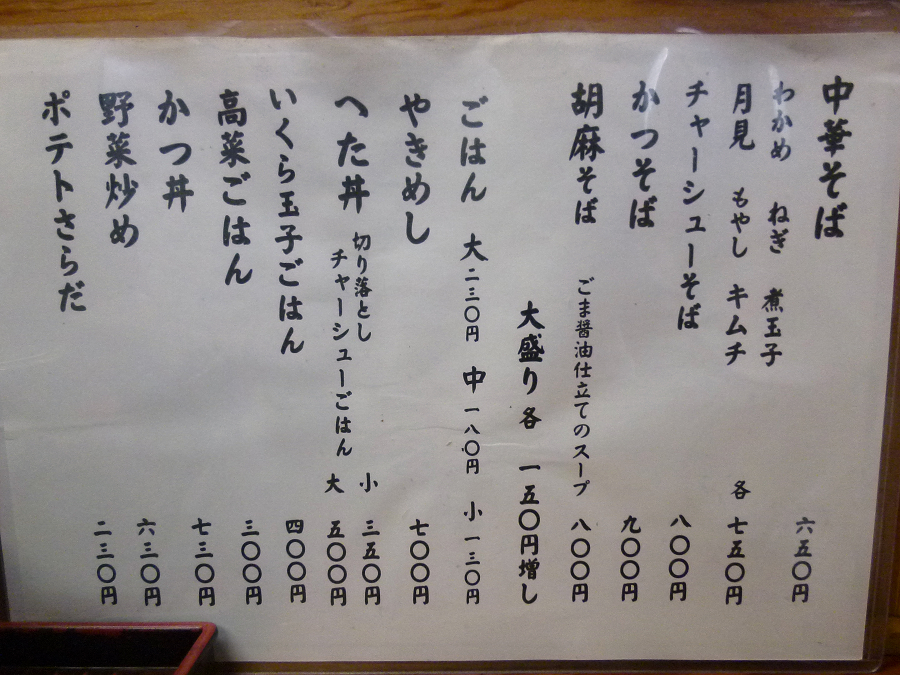 お品書き その１　中華そば八方