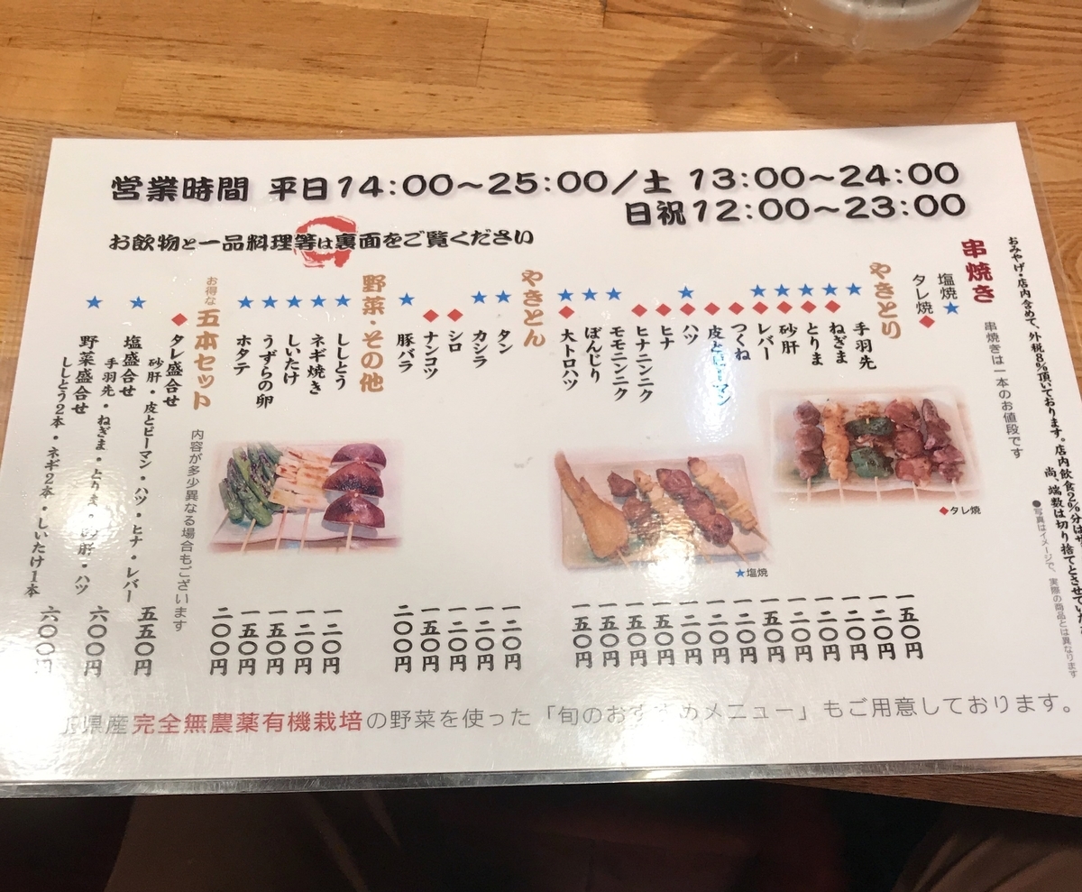 鳥もと2号店 串焼メニュー