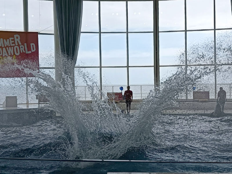アクアワールドのイルカのオーシャンライブ。水しぶきの写真