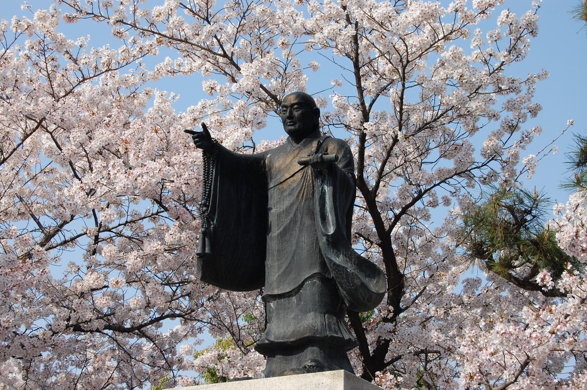 ソメイヨシノと日蓮上人像 見頃 2017年4月6日(平年4月10日相当) 撮影:MKタクシー