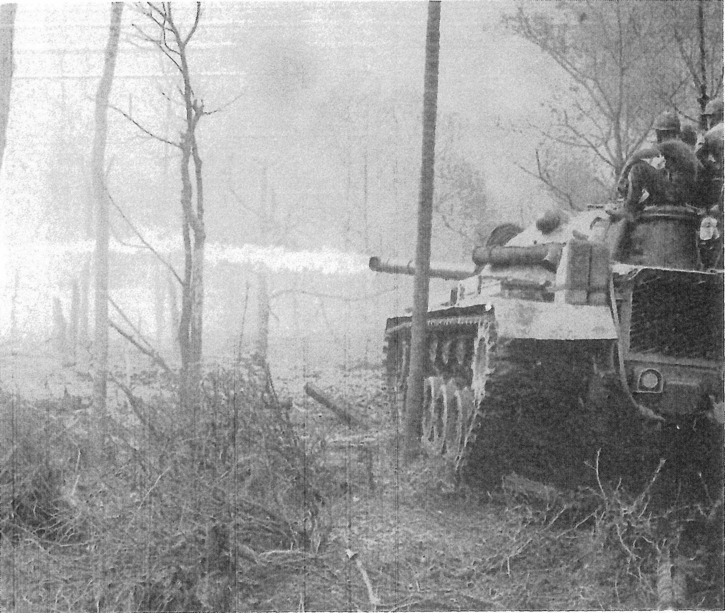 米国海兵隊の火炎放射戦車がクアンガイ省ビンソン県の村に火を放つ。革命軍が支持を集めている地域から民間人を追い出すため、しばしばこうして村が焼き払われた。 出典:ニック・タース著『動くものはすべて殺せ アメリカ兵はベトナムで何をしたか』