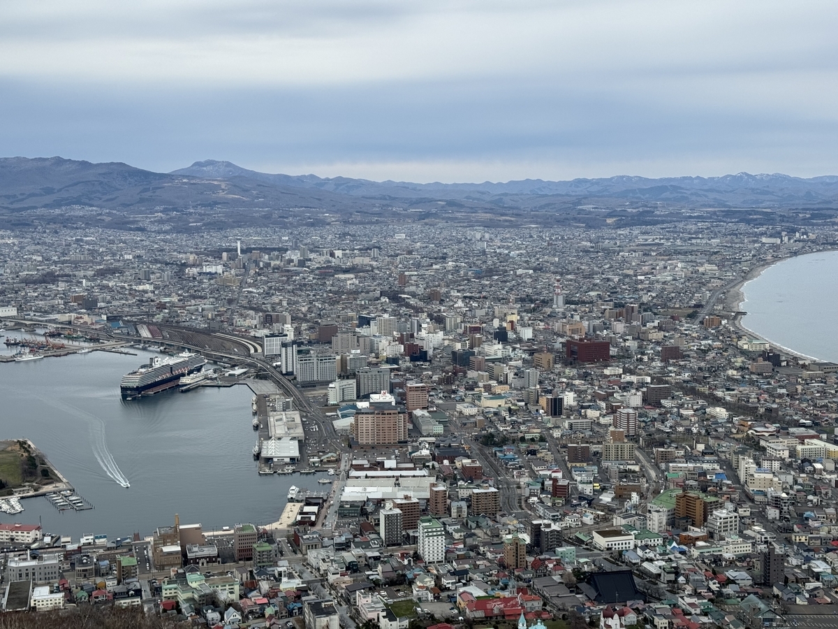 函館山展望台から函館を北東方向に見下ろした写真。曇り空。