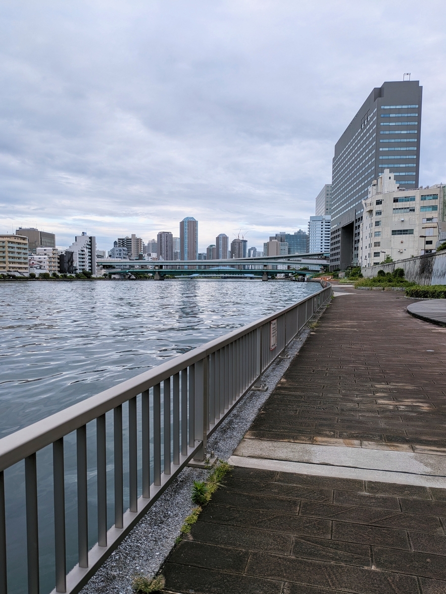 隅田川テラスと遠くに見える隅田川大橋