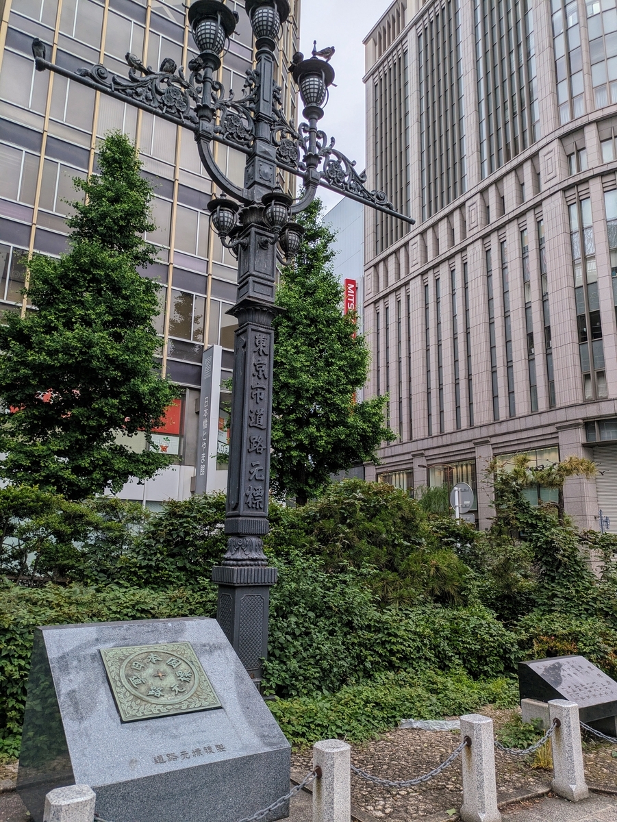 道路元標の複製と東京市道路元標と背後に写りこむ日本橋三越