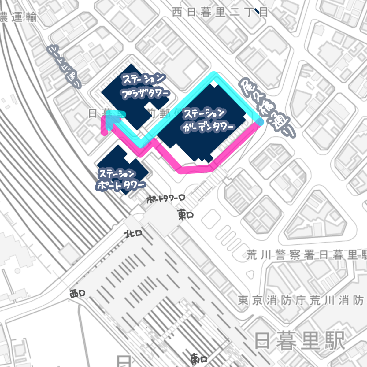 間違えたルートと正しいルートを加筆した地図