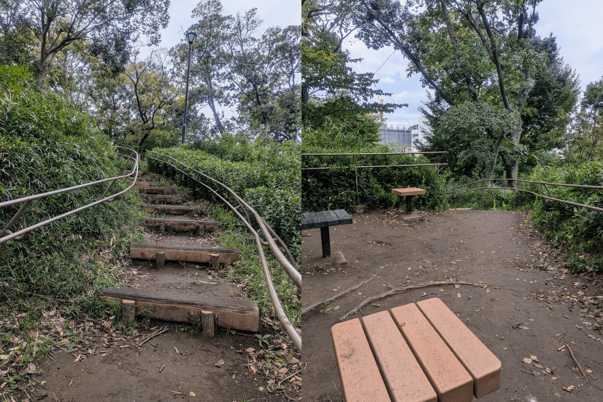 加賀公園　築山を登る階段と頂上