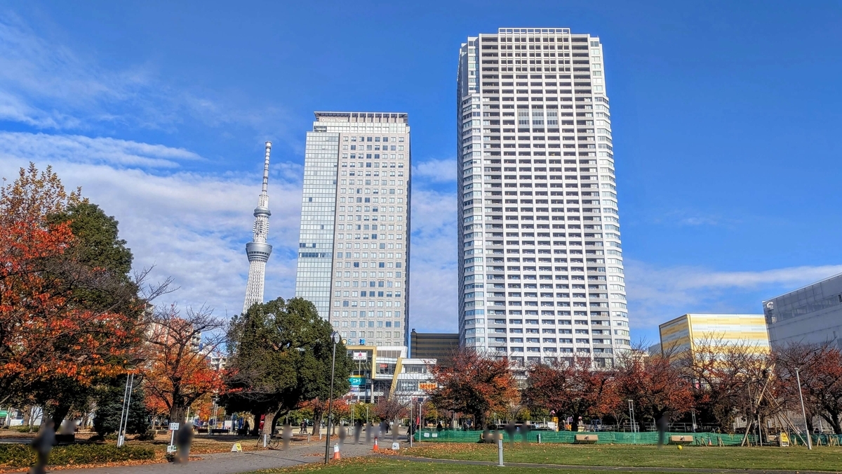 錦糸公園から見るスカイツリーとオリナス錦糸町