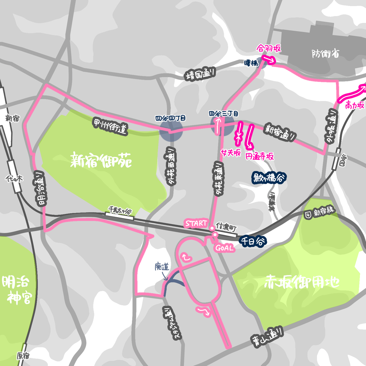 今回歩いたエリアの坂と谷の地図