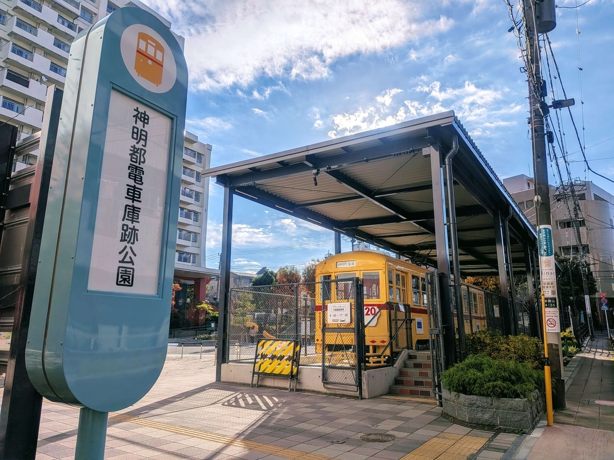 神明都電車庫跡公園入口と黄色い都電6000形